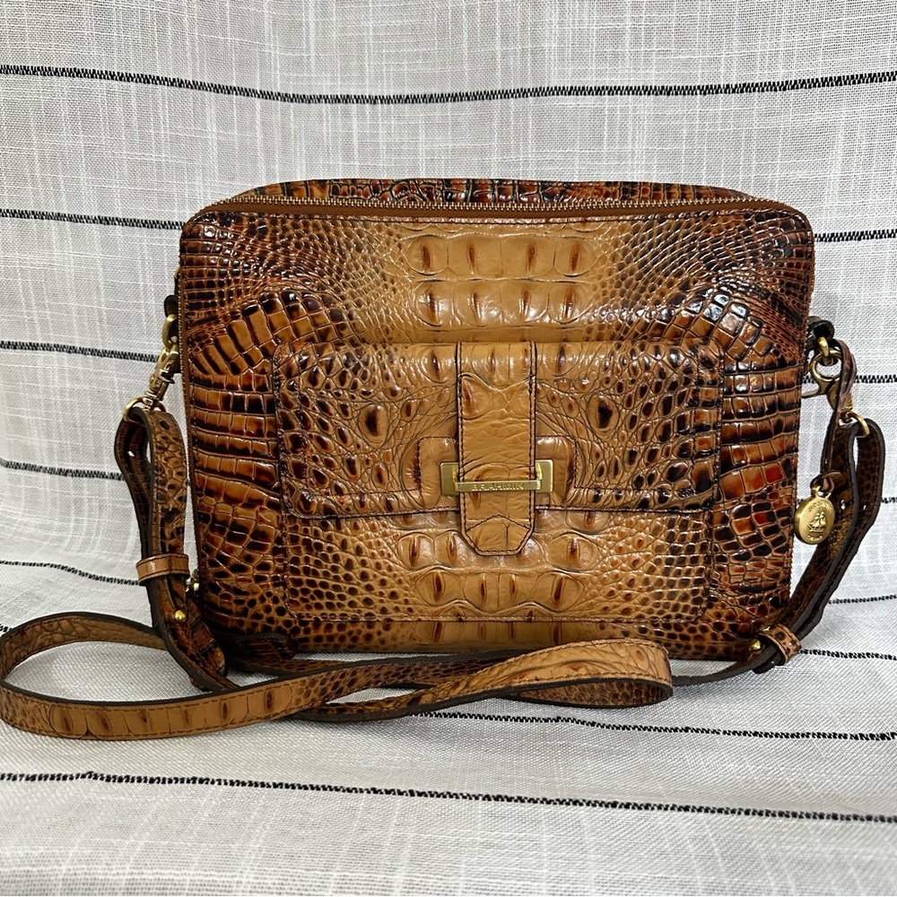 Brahmin Theo Melbourne Crossbody Bag toasted almond tan leather w/ iPad storage